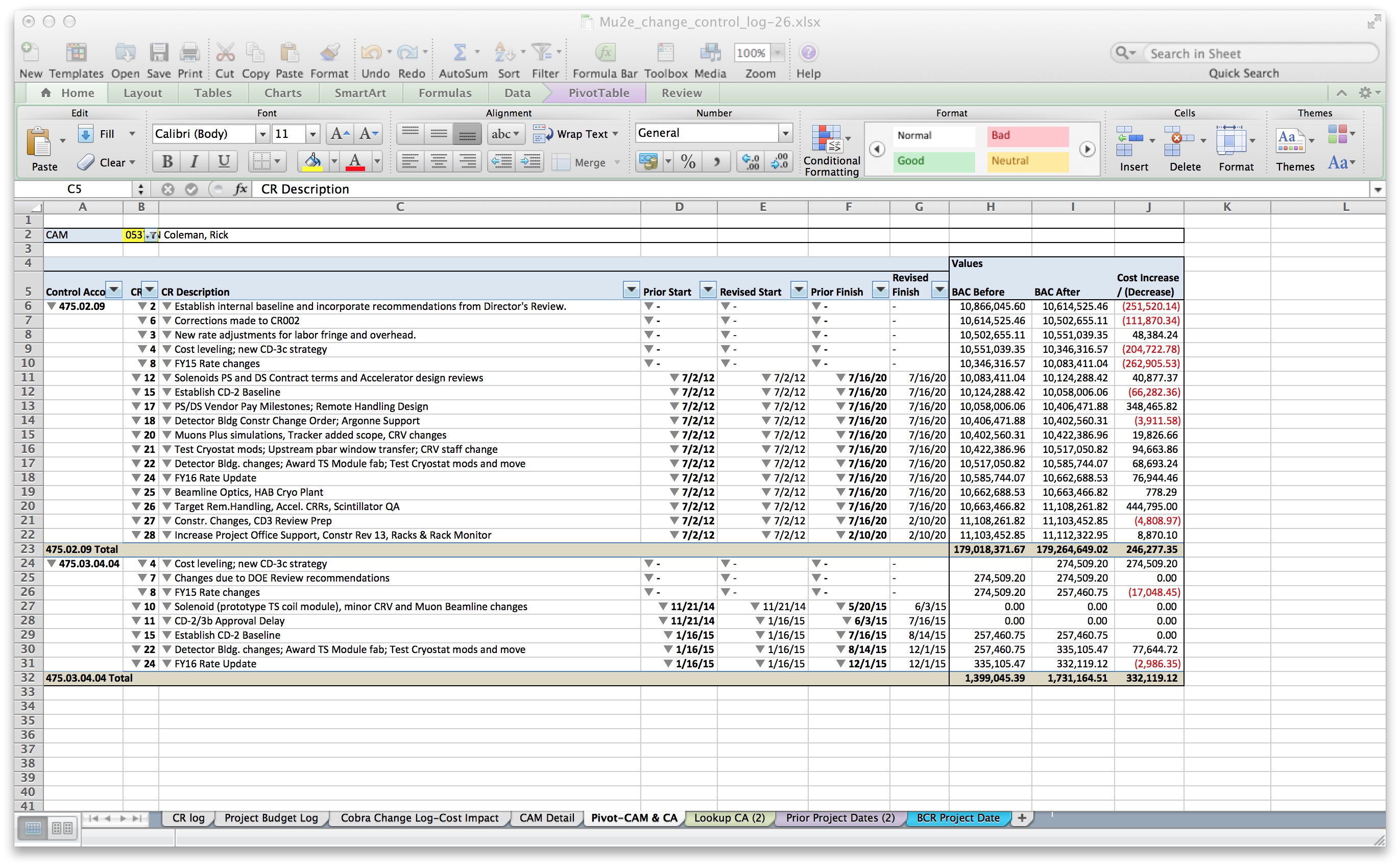 Image of Excel Pivot table Change Control by CAM and by Control Account.